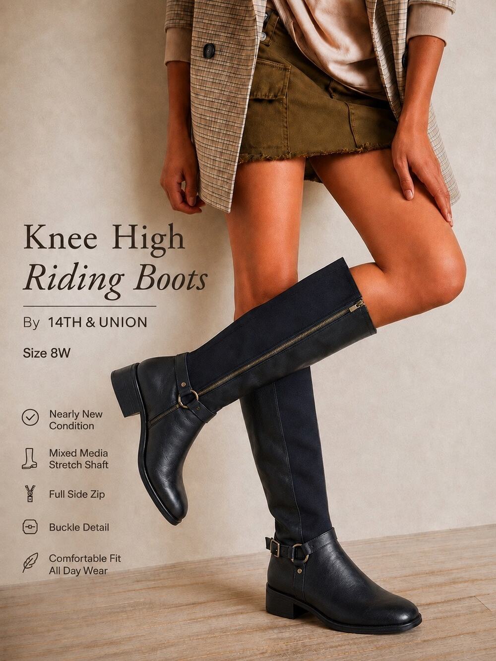 14th & Union Women’s Riding Boots Size 8W Black Knee High Stretch Buckle Zip